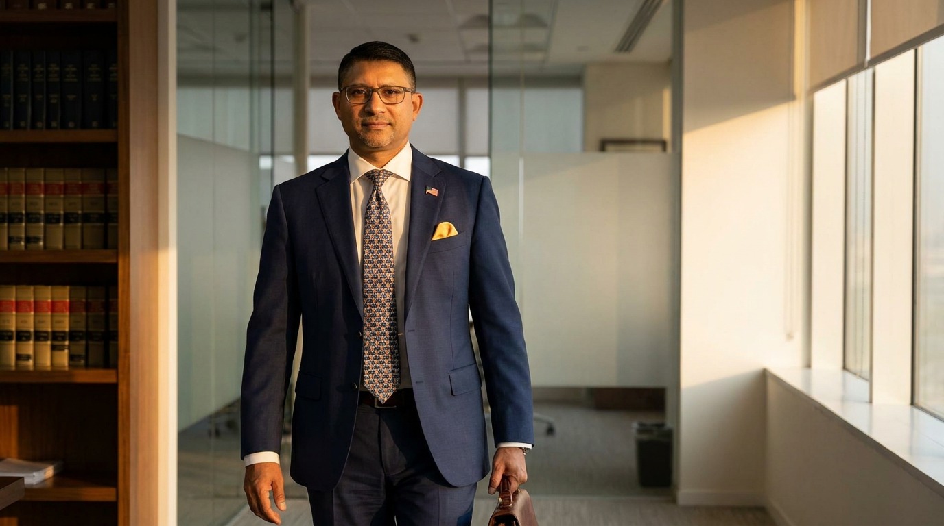 Attorney of Law Offices Of SRIS, P.C. walking through the firm's law library corridor